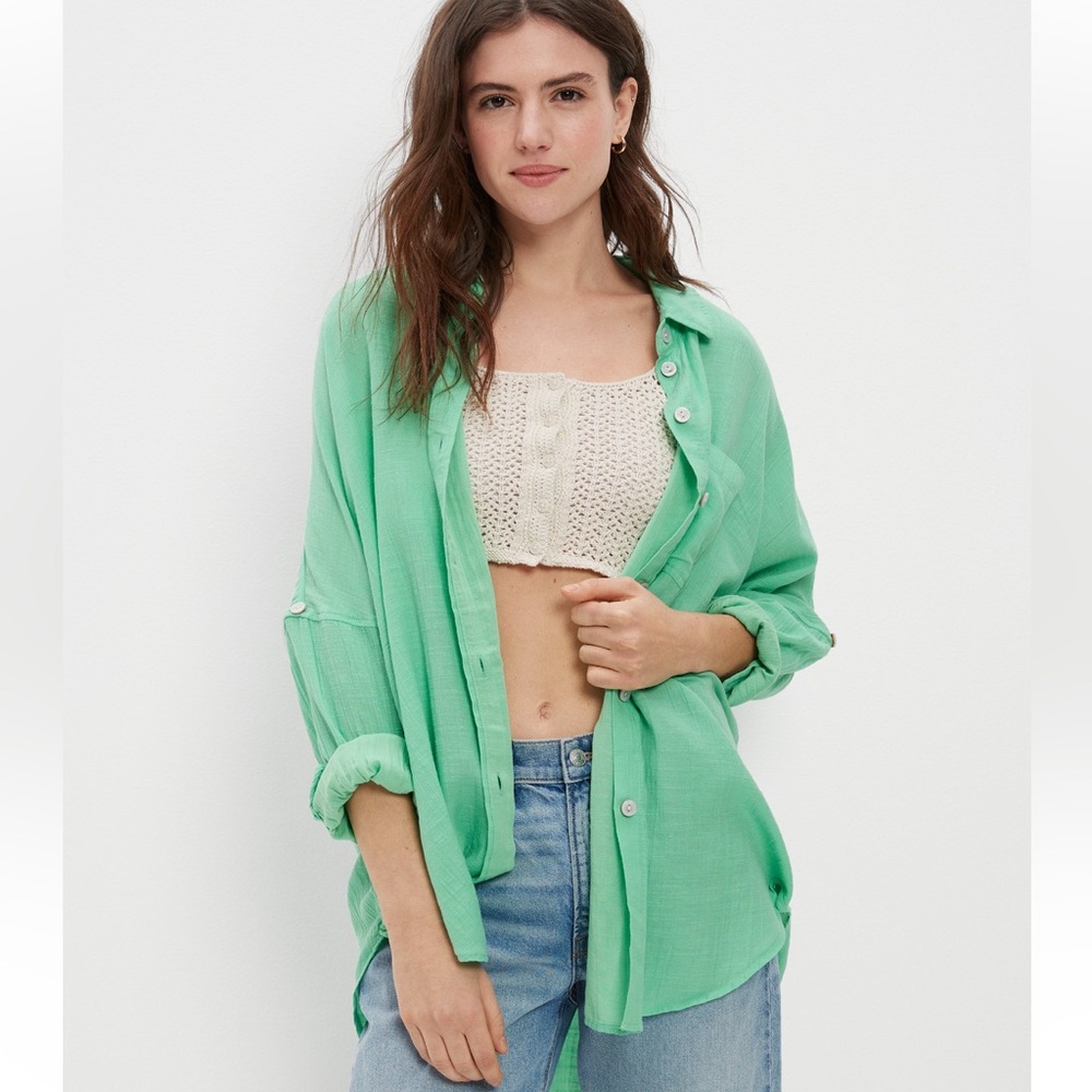 American Eagle Lime Green Button-Down Oversized Shirt